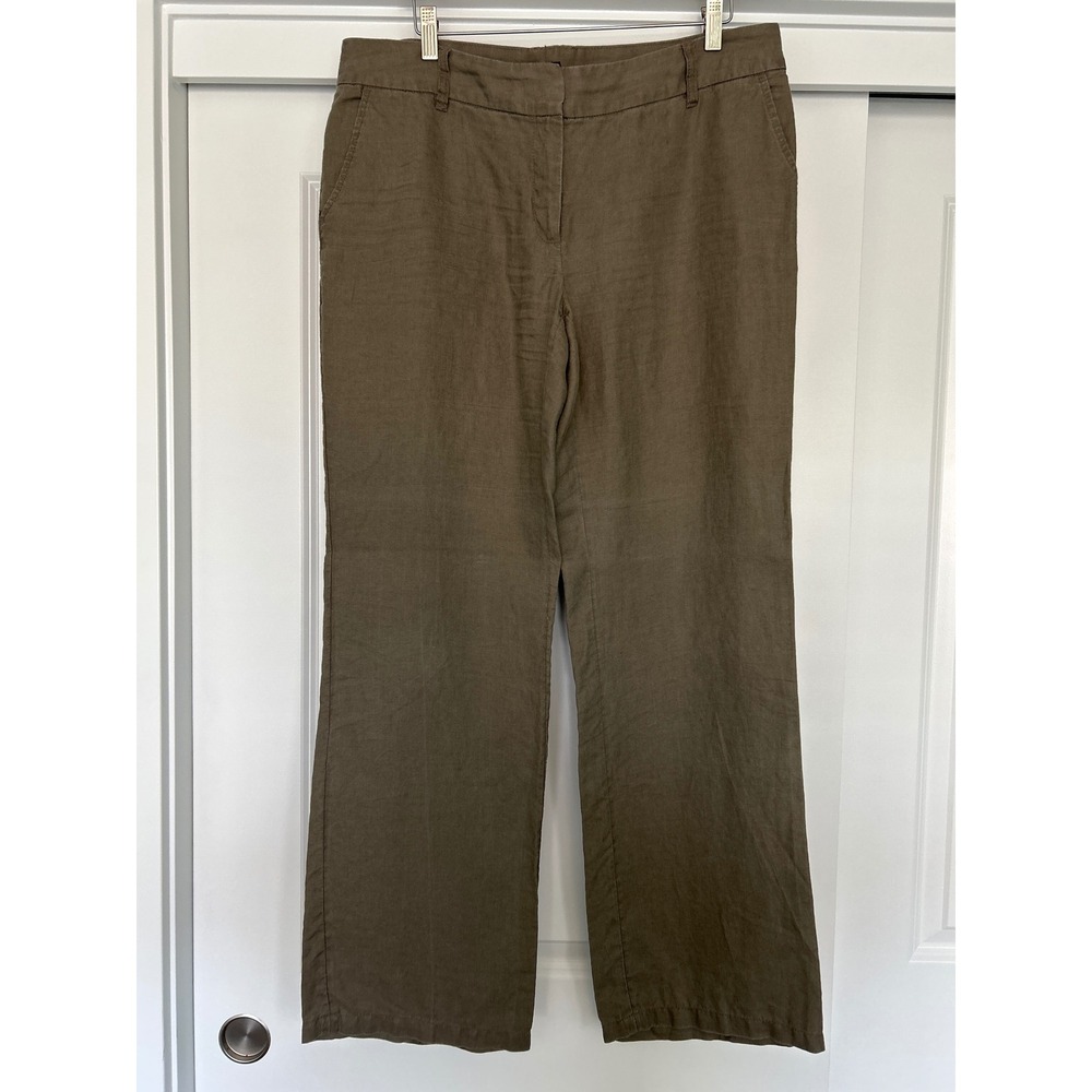 H&M Y2K Womens 100% Linen Wide Leg Trousers Olive Brown Size 12 Mid Rise Pants